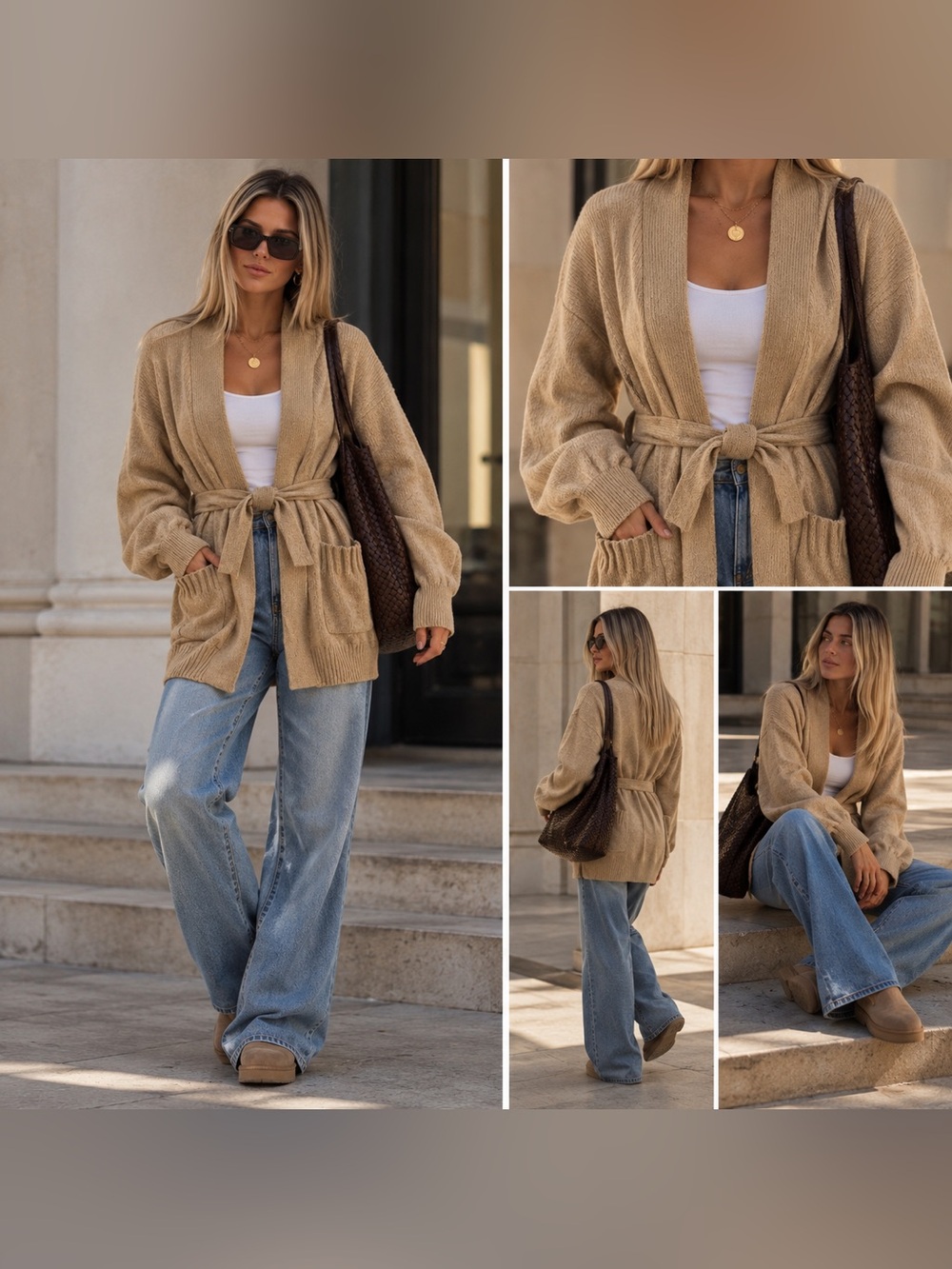 LOFT Tan Belted Open-Front Cardigan